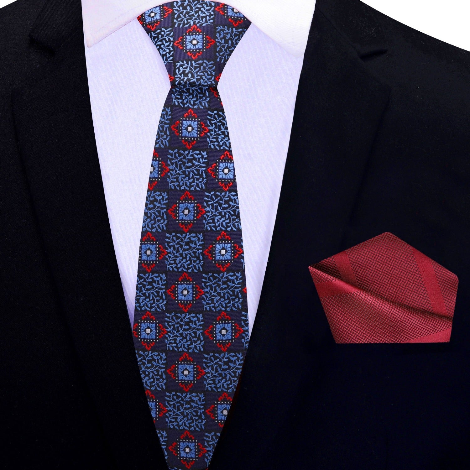 Blue Red Geometric Thin Tie and Red Square
