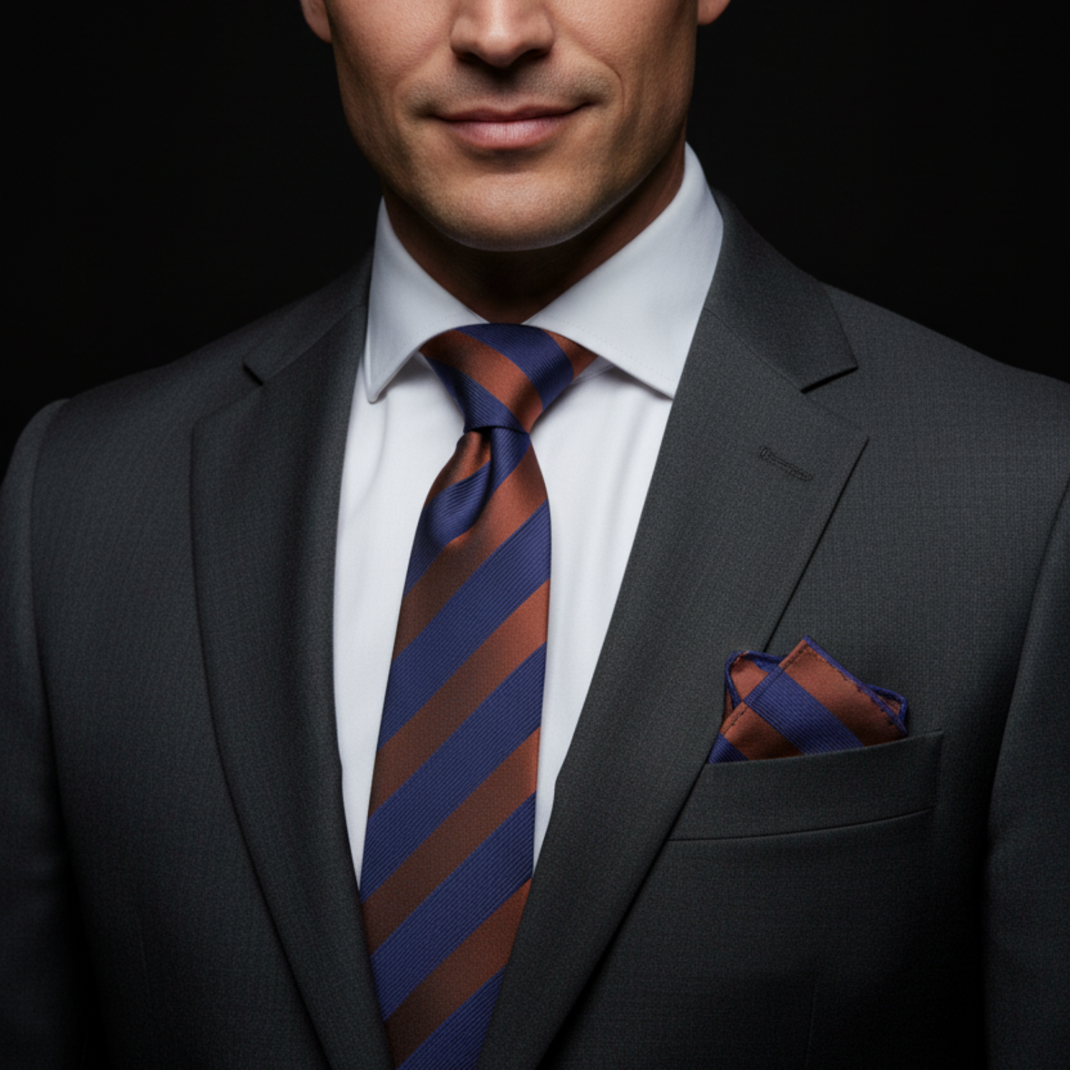 Man wearing a gray suit with a striped tie and pocket square on a black background