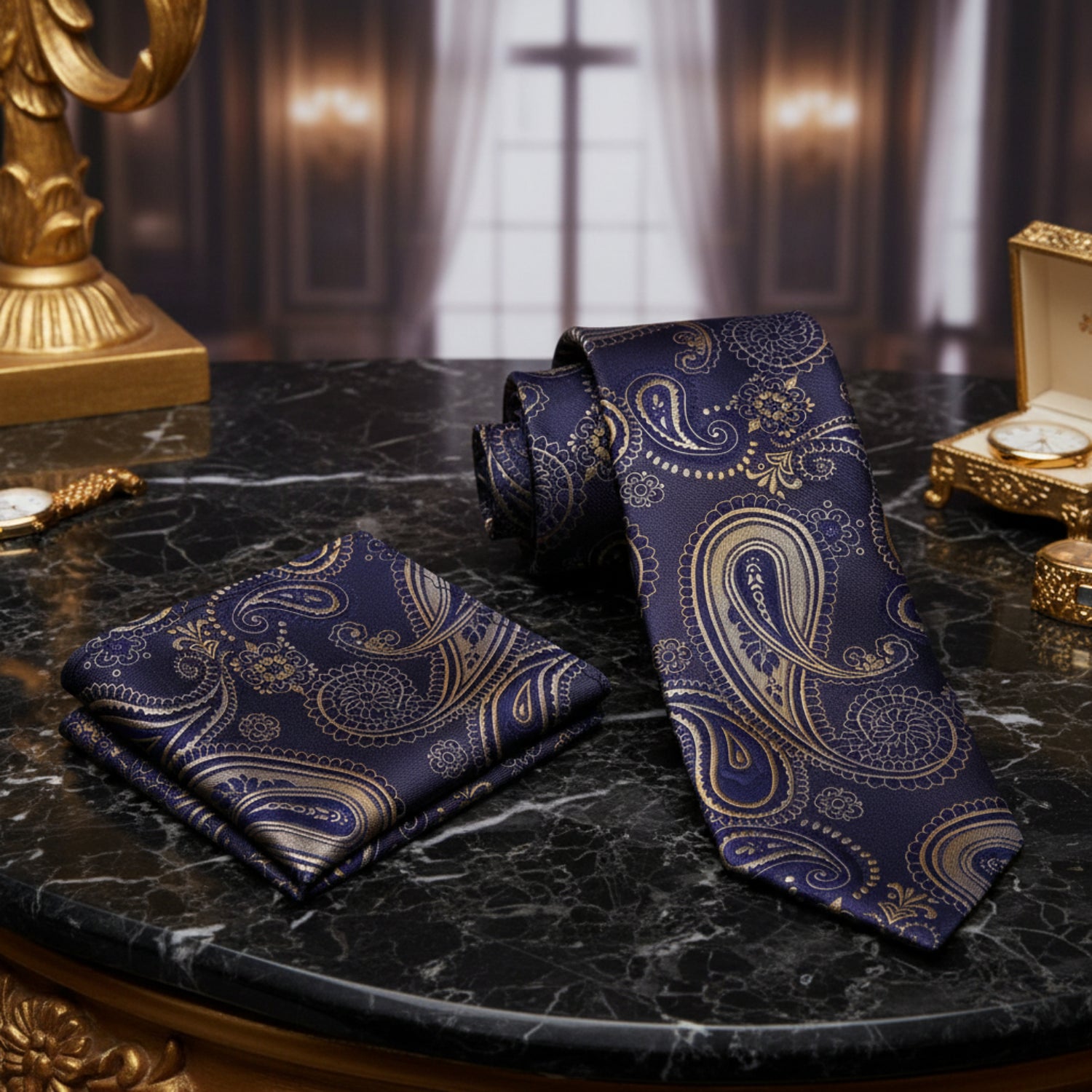 View 2B: blue gold paisley tie and pocket square||Navy, Gold