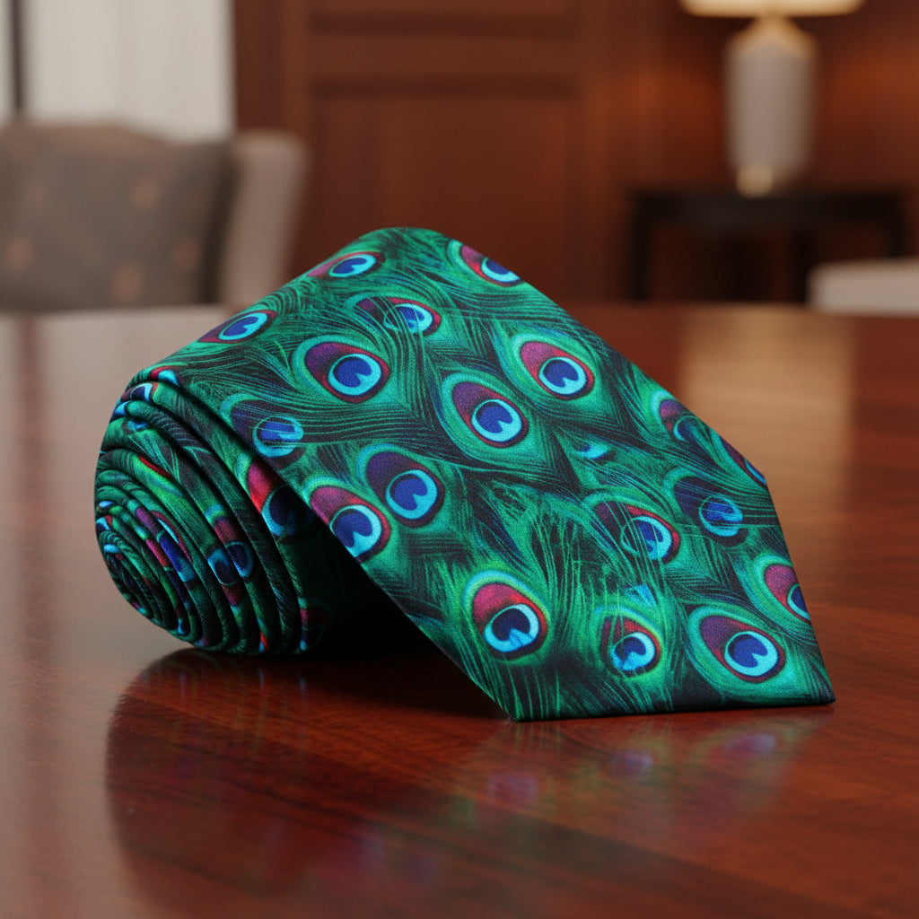 Green, Blue, Red Peacock Feather Tie  