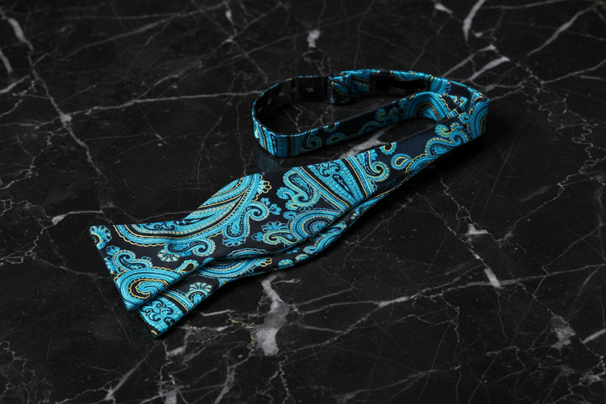 Self Tie: A Dark Blue, Aqua, Yellow Paisley Pattern Self Tie Bow Tie 