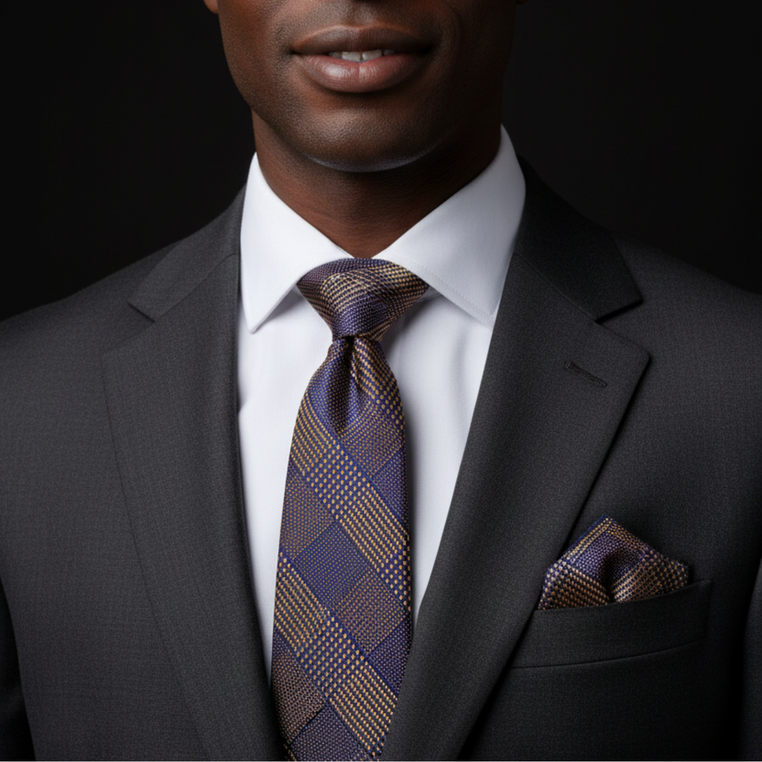 Man wearing a gray suit with a patterned tie and pocket square on a black background
