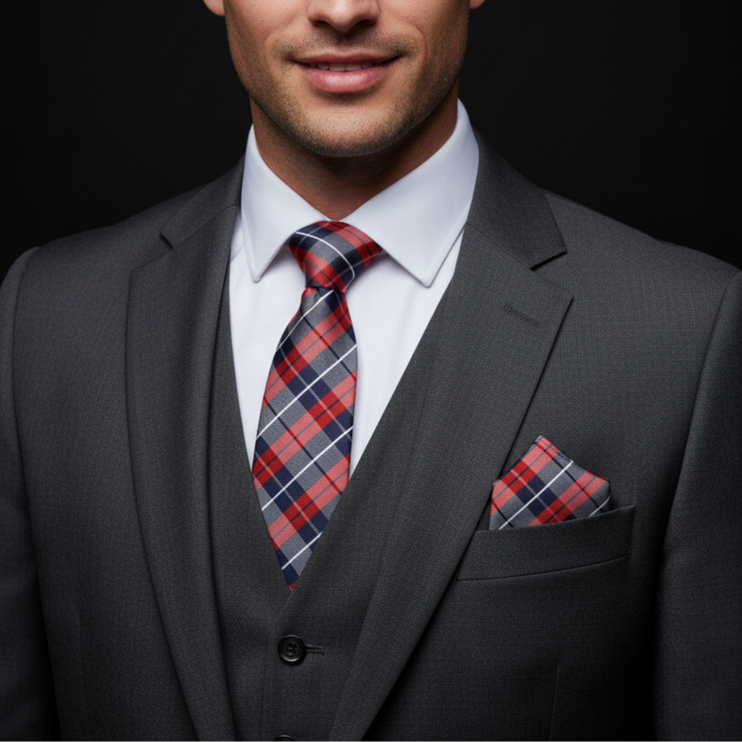 Man wearing a gray suit with a red and blue plaid tie and pocket square on a black background