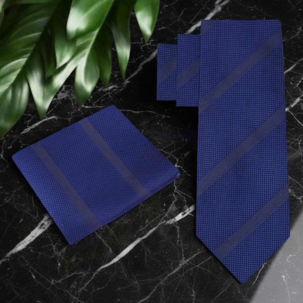 Alt View: Deep Blue Stripe Necktie and Pocket Square