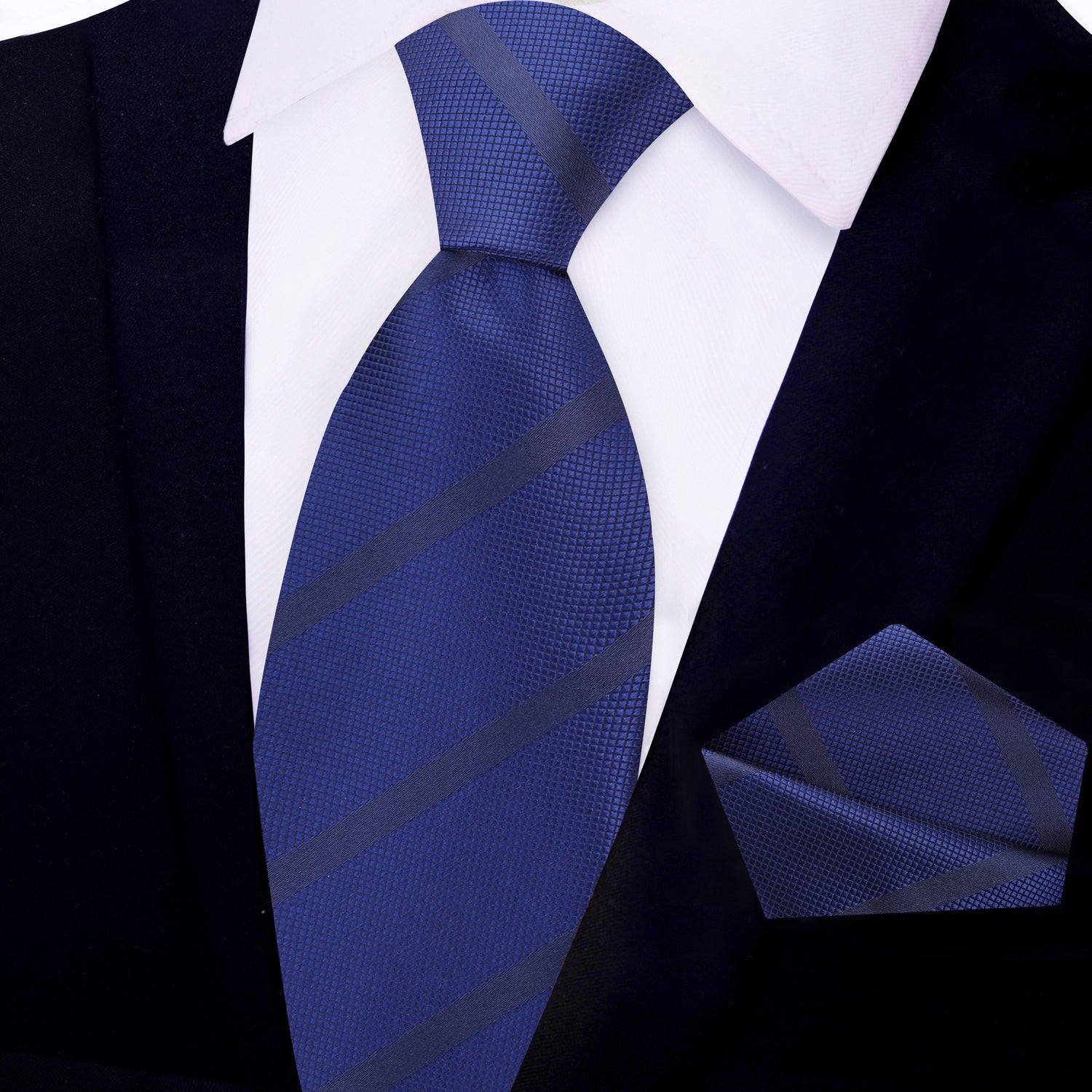 View 1: Deep Blue Stripe Necktie and Pocket Square