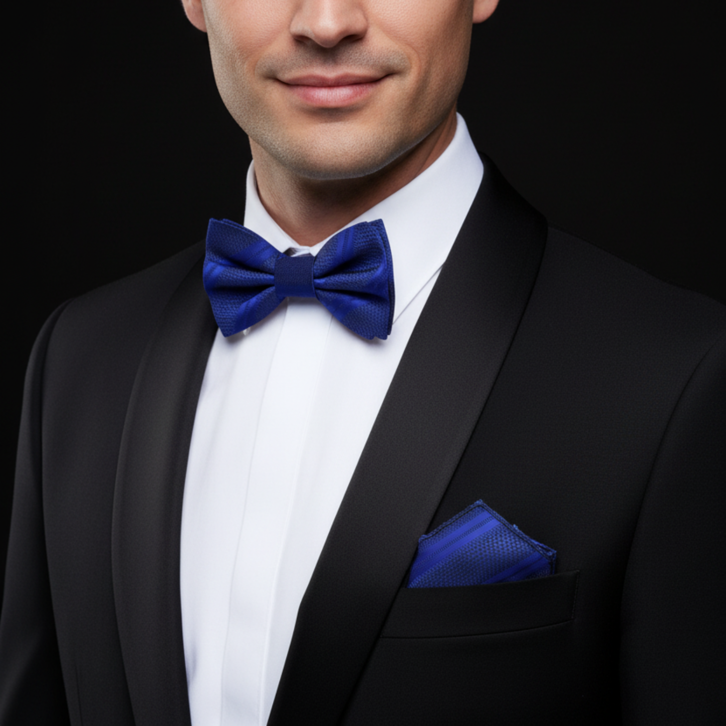 Deep Blue Stripe Bow Tie and Pocket Square