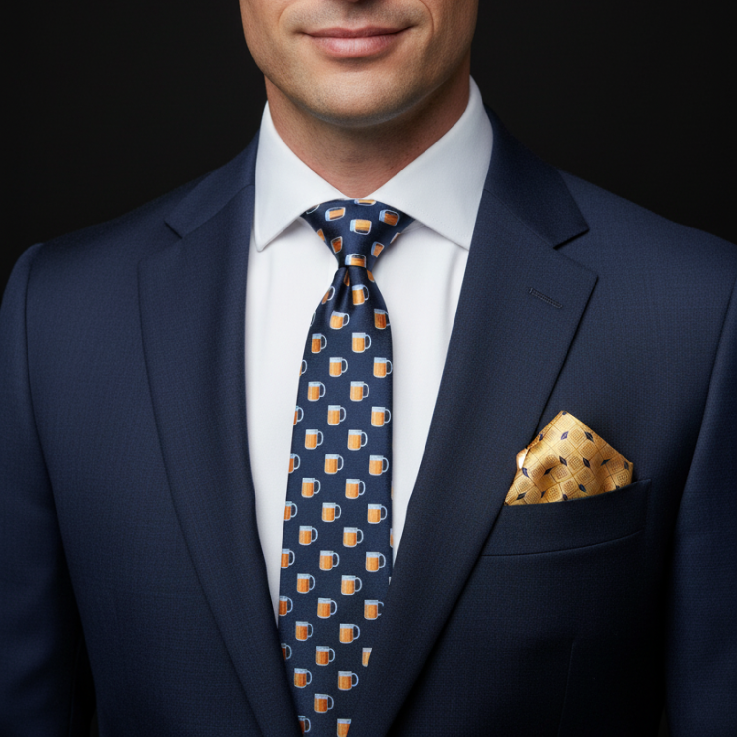 Man wearing a navy suit with a patterned tie and pocket square against a black background