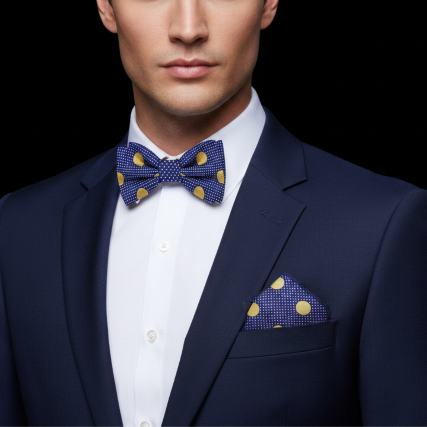 Man wearing a navy suit with a blue bow tie and pocket square on a black background