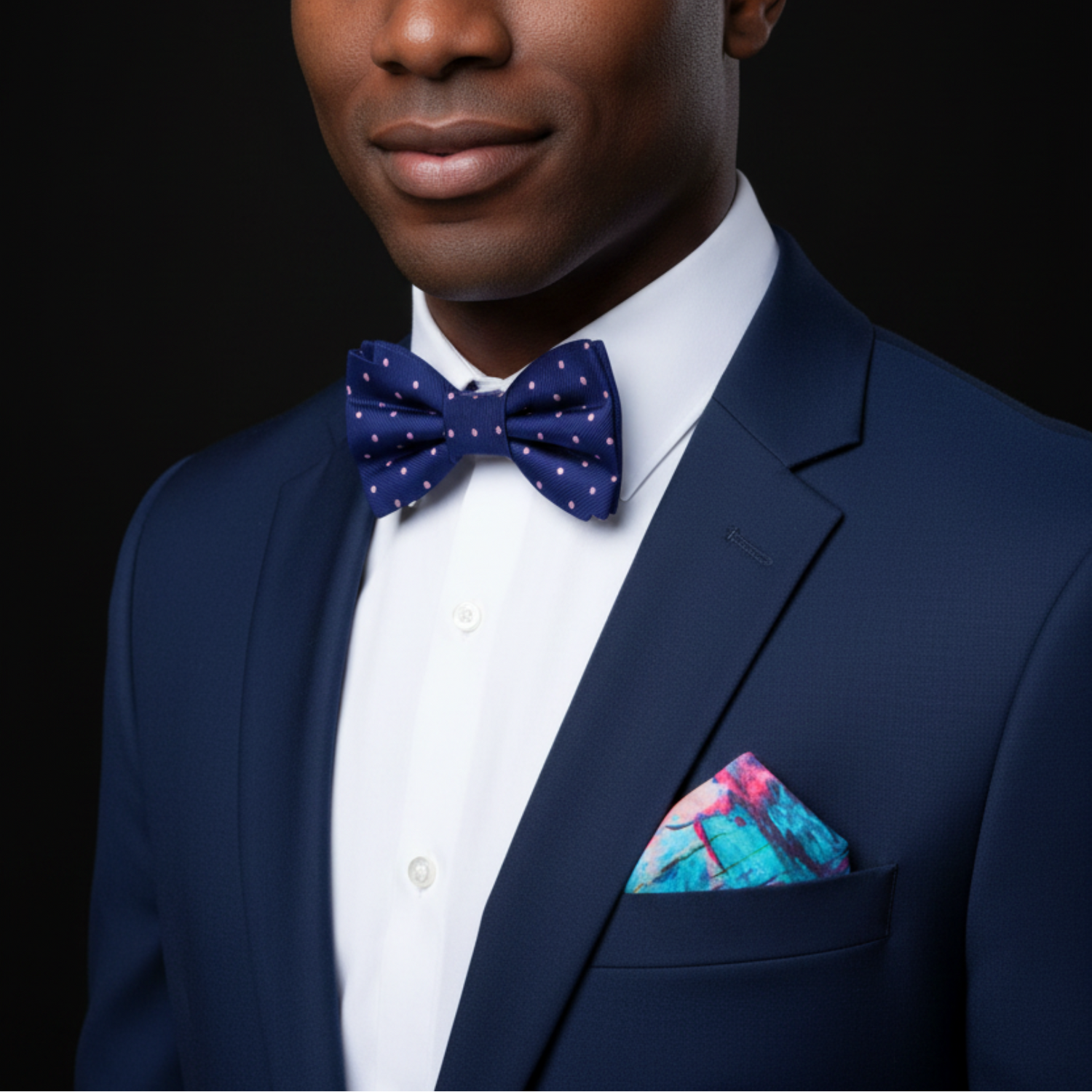 Man wearing a navy suit with a blue polka dot bow tie and colorful pocket square on a black background