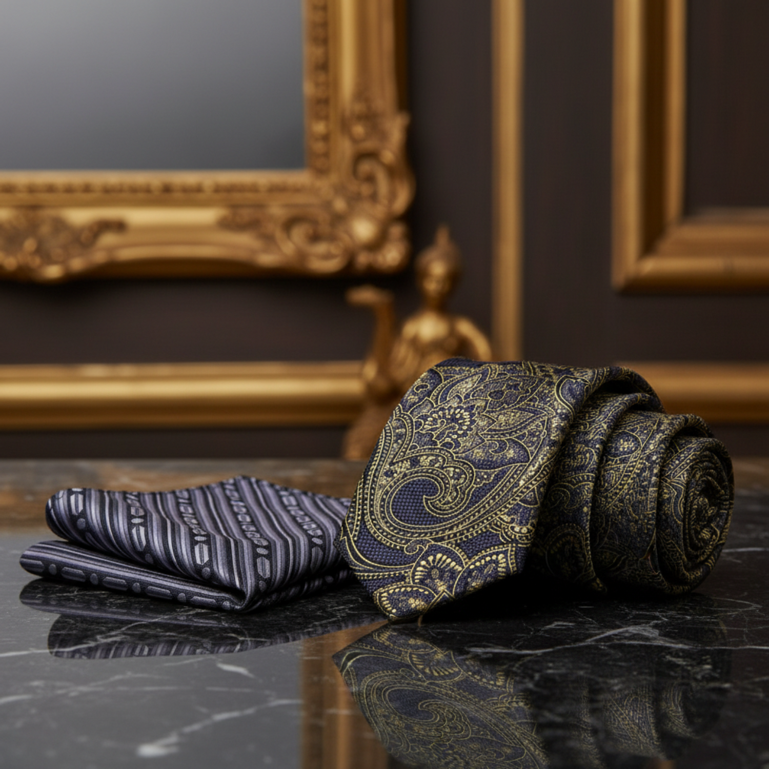 Alt View: Grey, Gold Large Intricate Paisley Tie and Accenting Pocket Square