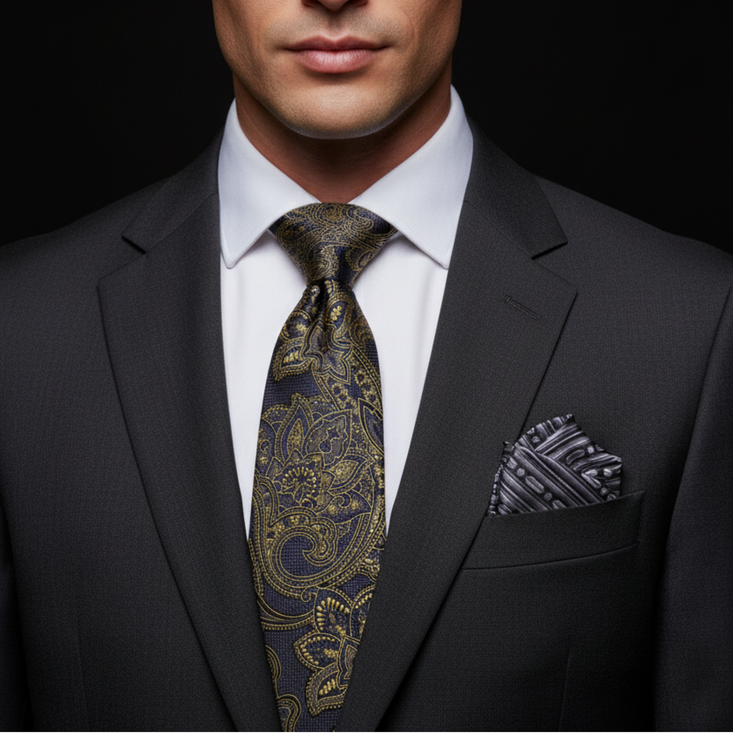 Man wearing a black suit with a patterned tie and pocket square against a dark background