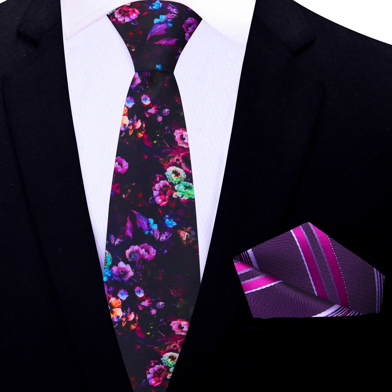 Thin Dark Wine, Punk, Orange, Purple Flowers Necktie and Stripe Square