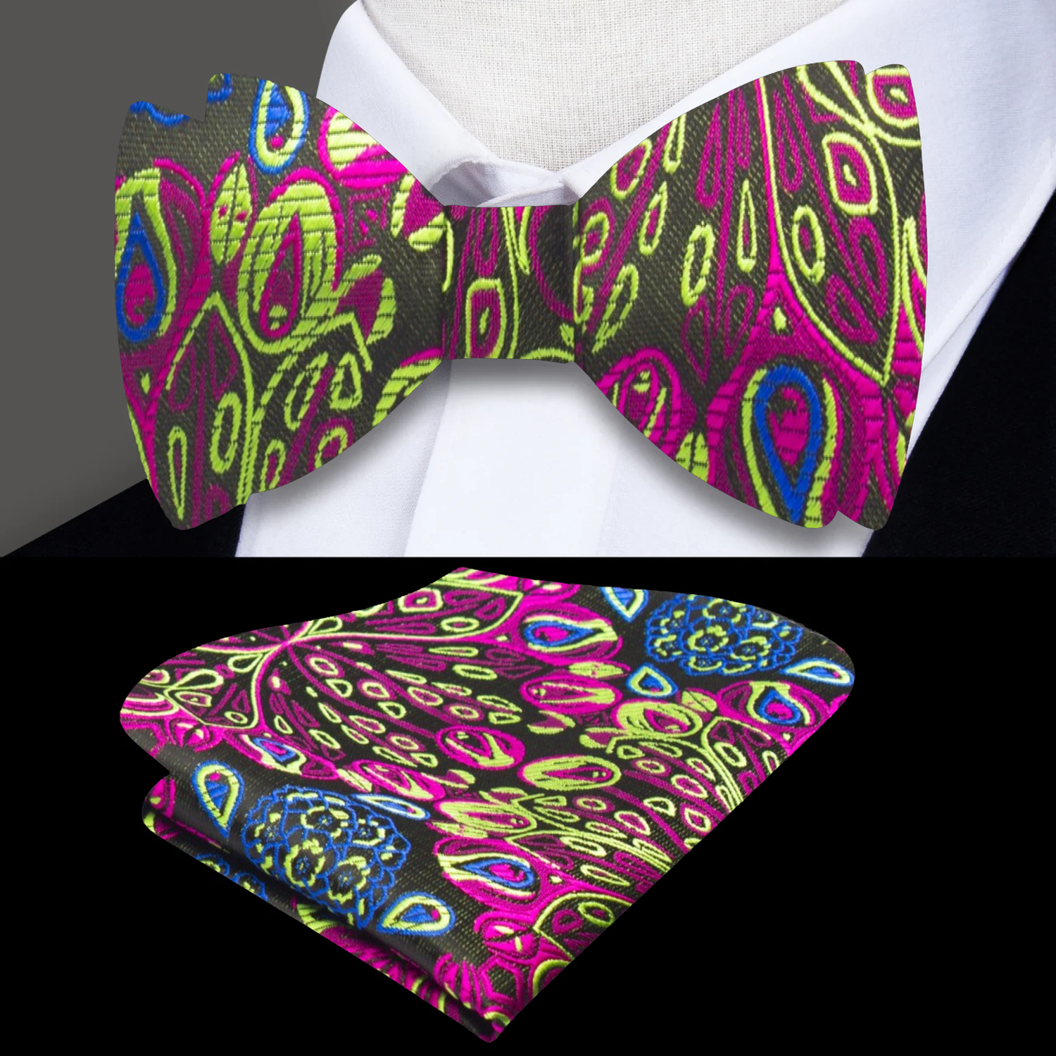 A Dark Neon Blue, Yellow, Pink Abstract Peacock Feather Pattern Self Tie Bow Tie, Matching Pocket Square