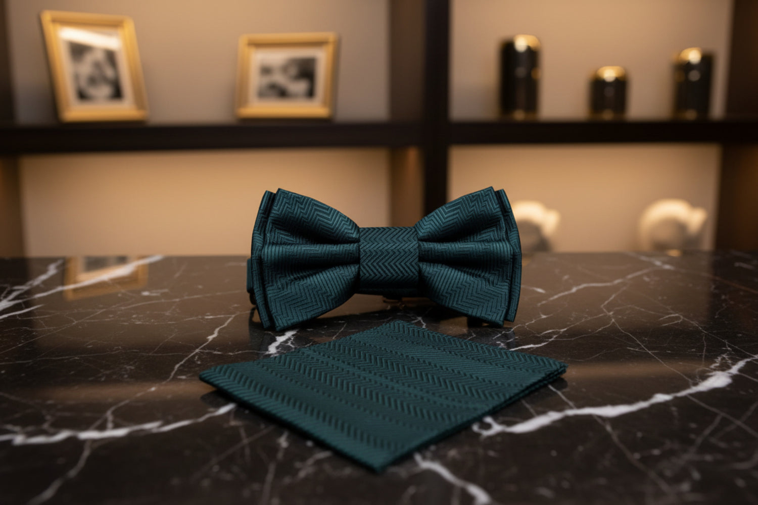 Teal bow tie and matching pocket square 