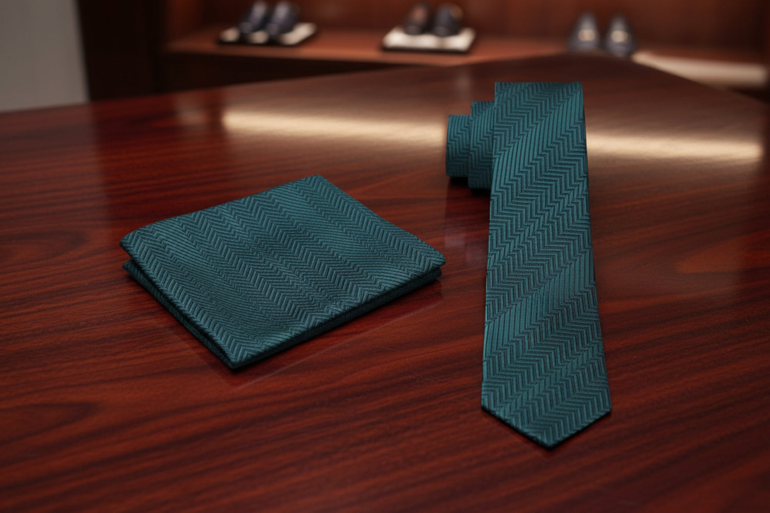 Teal herringbone tie and pocket square set on a white background