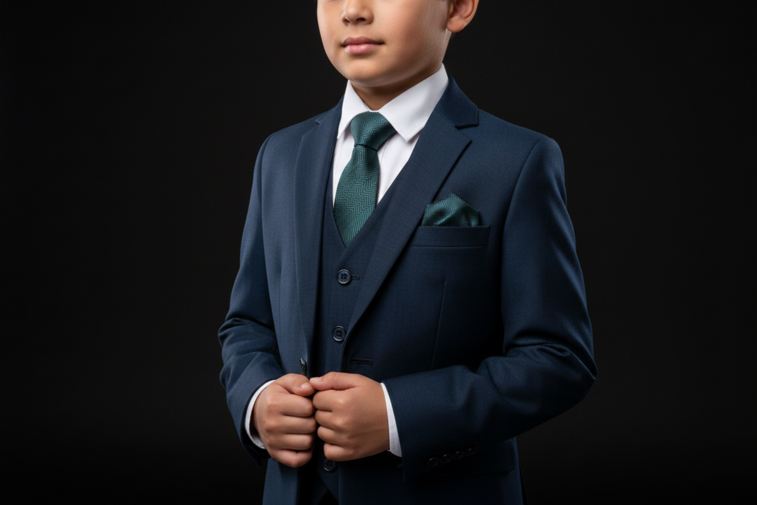 Young boy in a formal navy suit with a green tie against a black background