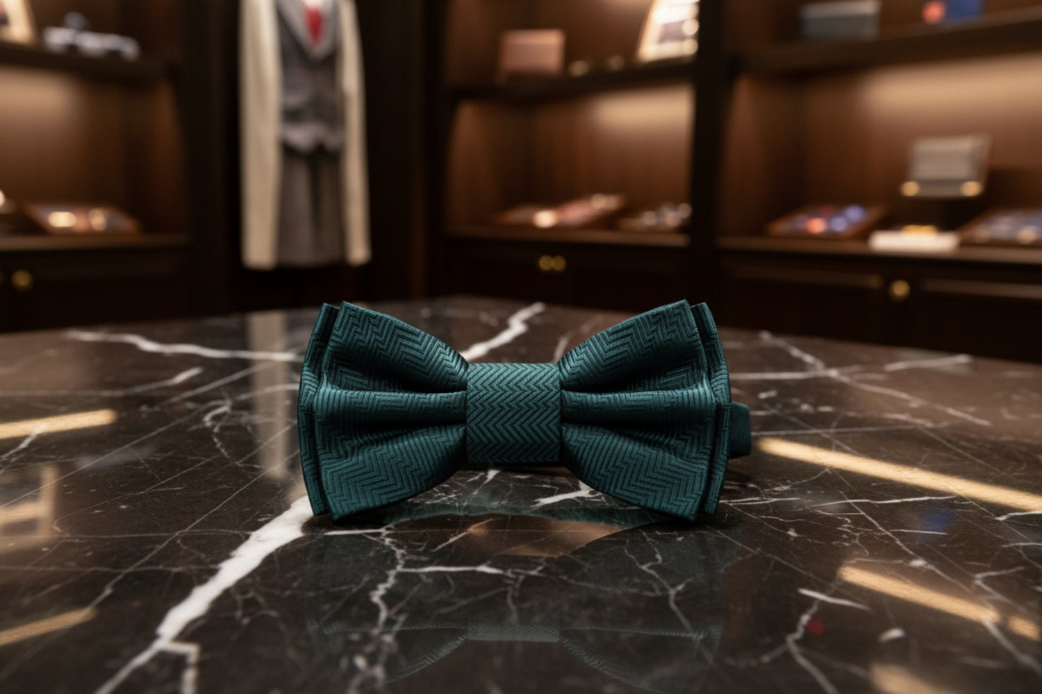 Teal bow tie with a geometric pattern on 