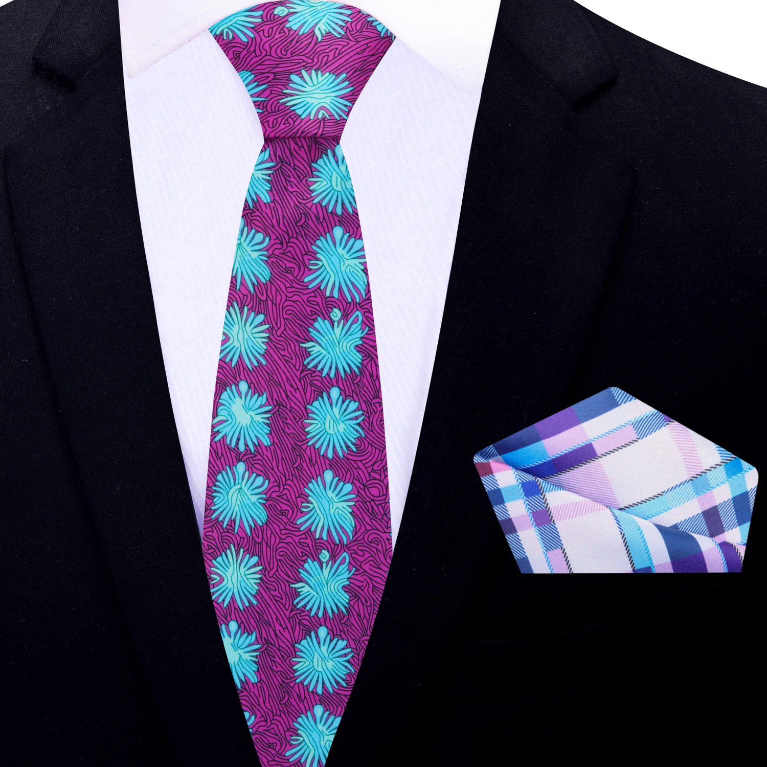 Thin Dark Pink, Light Blue Abstract Tie and Square