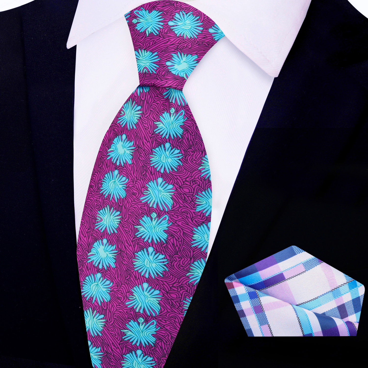 View 2 Dark Pink, Light Blue Abstract Tie and Square