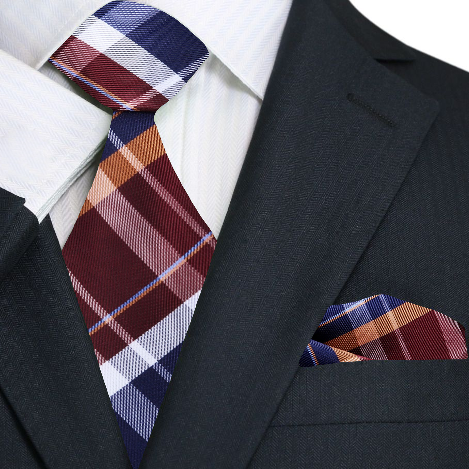 main A Blue, Burgundy, White, Orange Plaid Pattern Silk Necktie, Matching Pocket Square