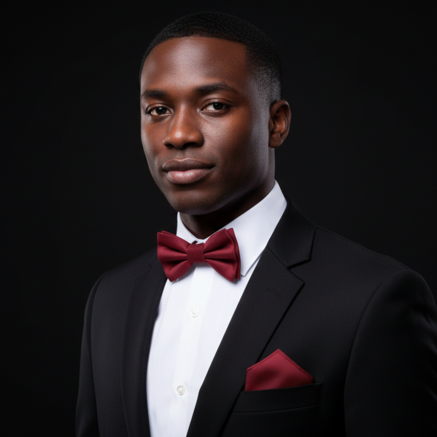 Man wearing a black suit with a red bow tie and pocket square on a black background