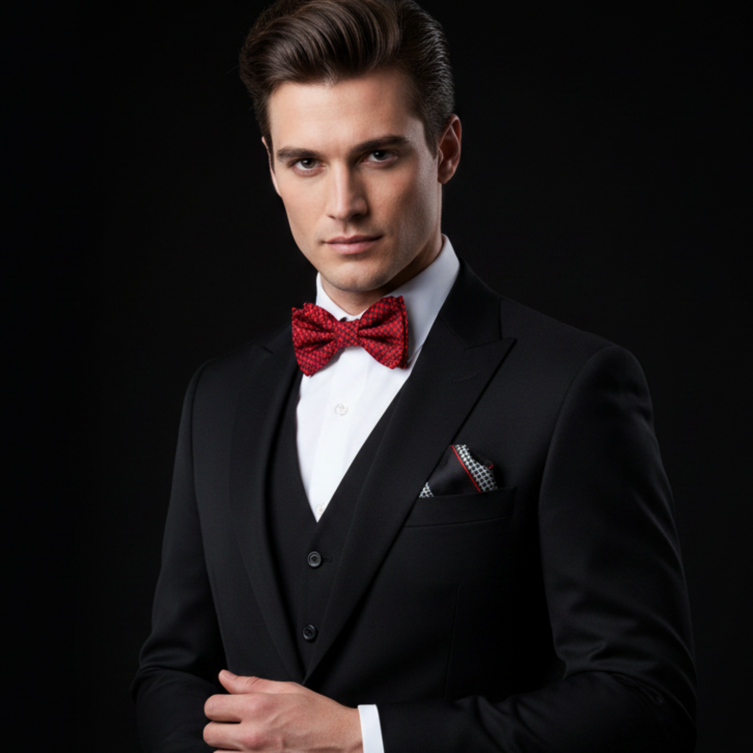 Man wearing a black suit with a red bow tie on a black background
