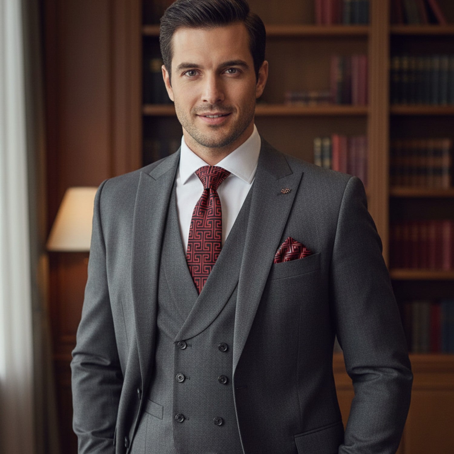 Man wearing a gray suit with a red tie and pocket square in a room with bookshelves.