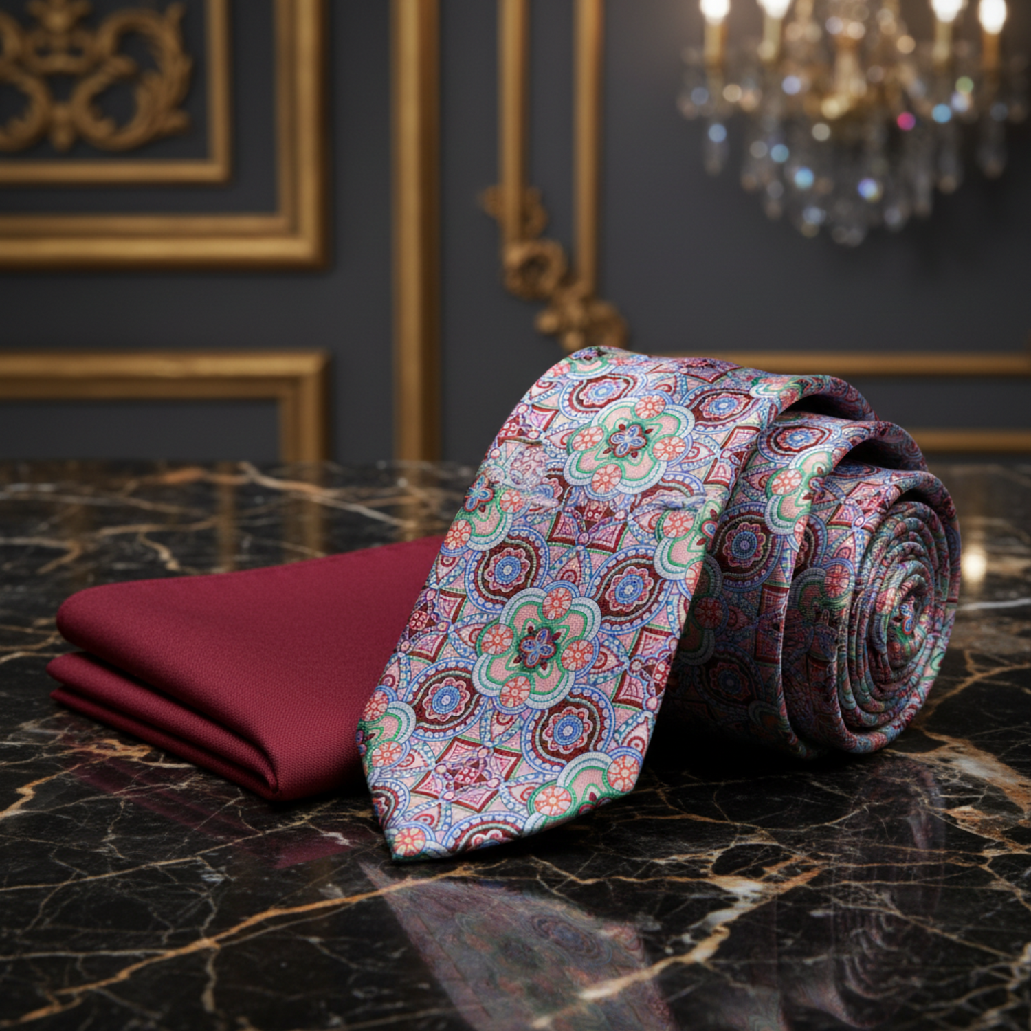 Alt View Deep Red Green Mosaic Necktie and Red Square