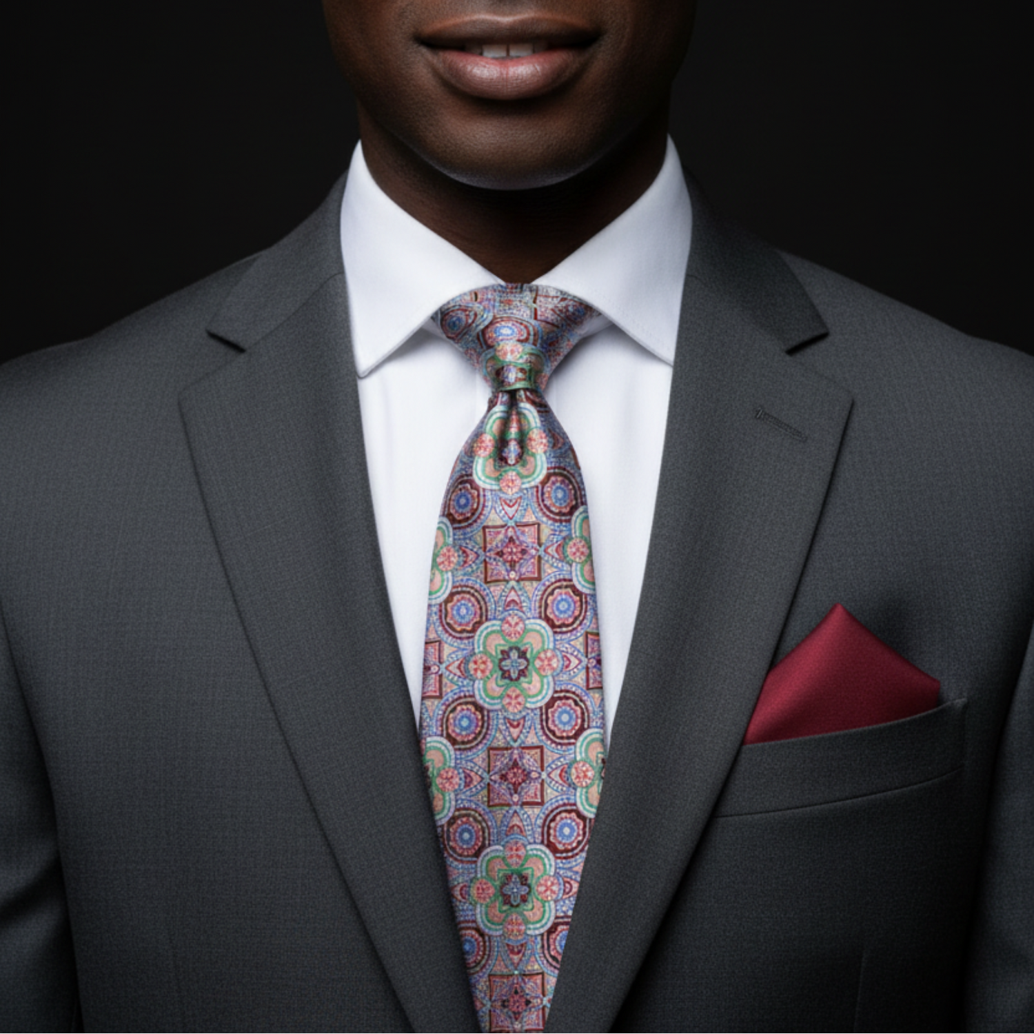 Man wearing a gray suit with a patterned tie and red pocket square on a black background