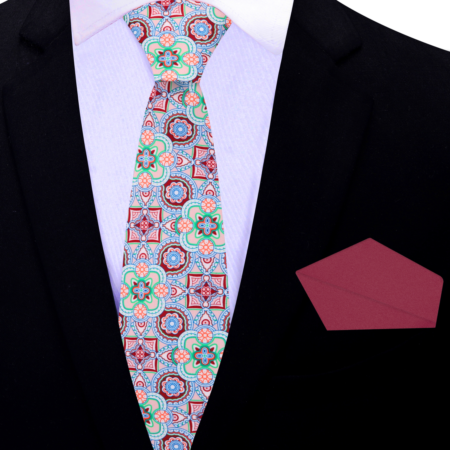 Thin Tie: Deep Red Green Mosaic Necktie and Red Square