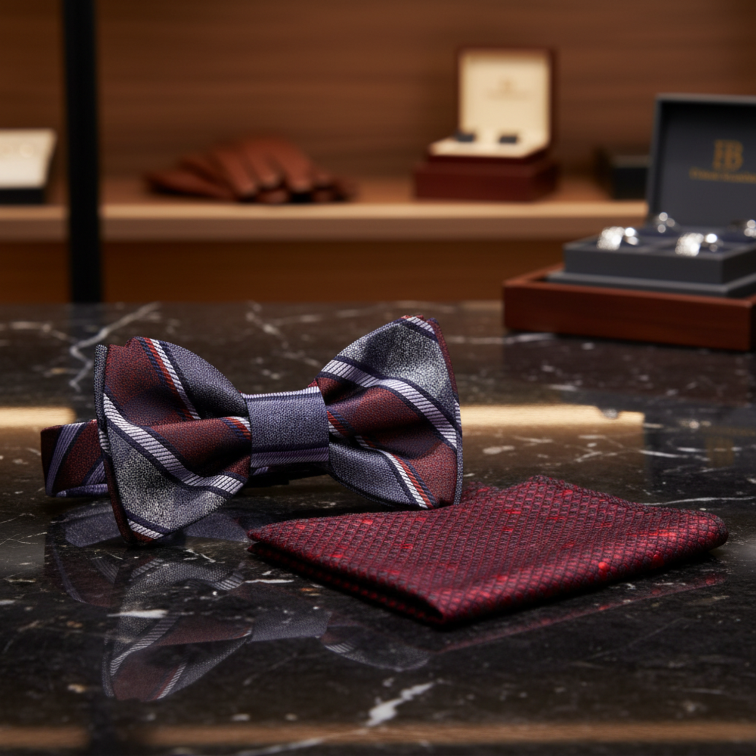 Red and Grey Stripe Plaid bow tie and red polka dot pocket square on a mannequin.