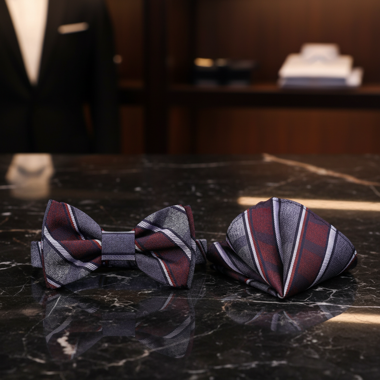 Plaid bow tie and pocket square set on a mannequin with a white shirt.