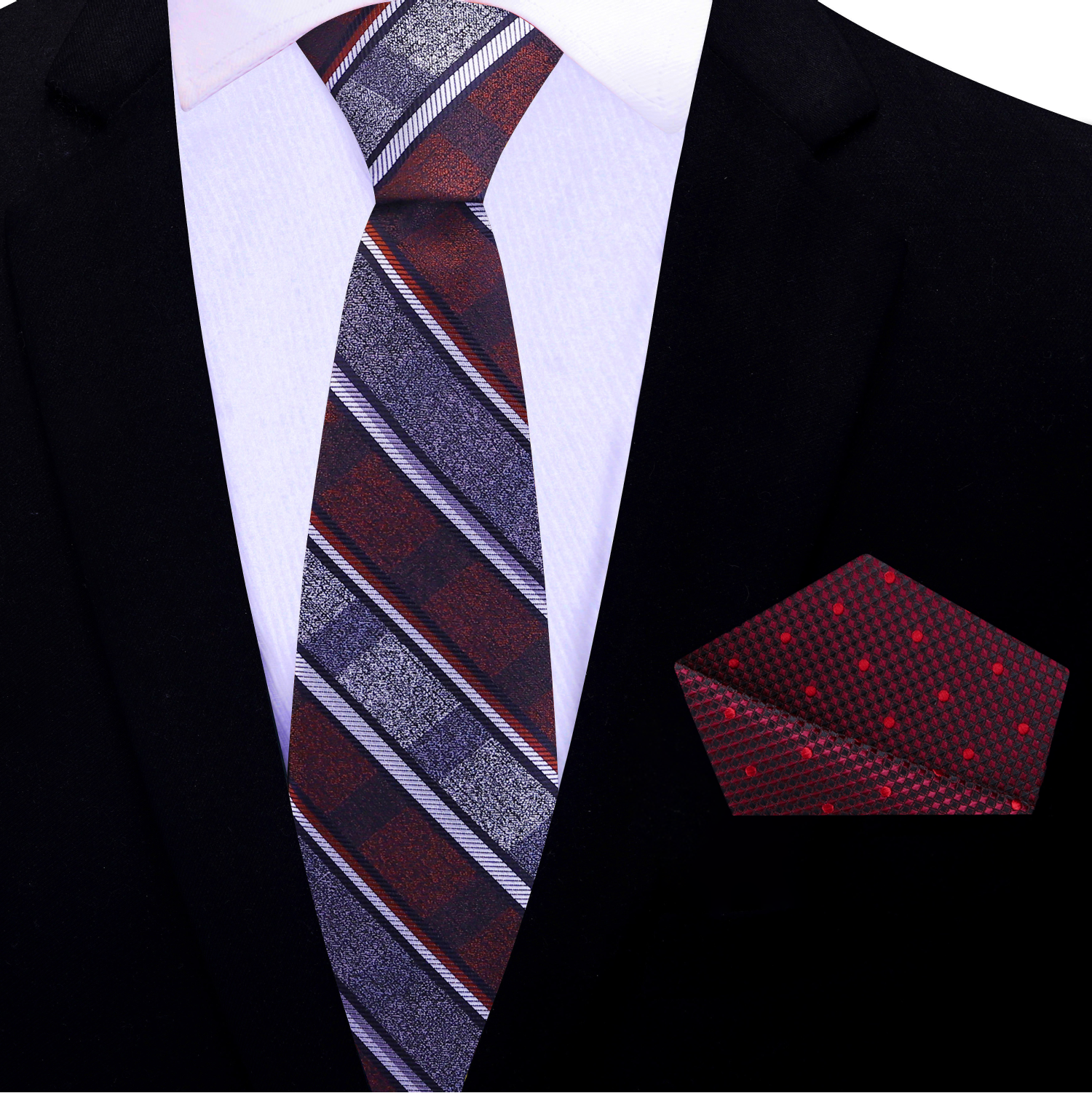 Thin deep red and grey striped tie and Accenting red dot pocket square