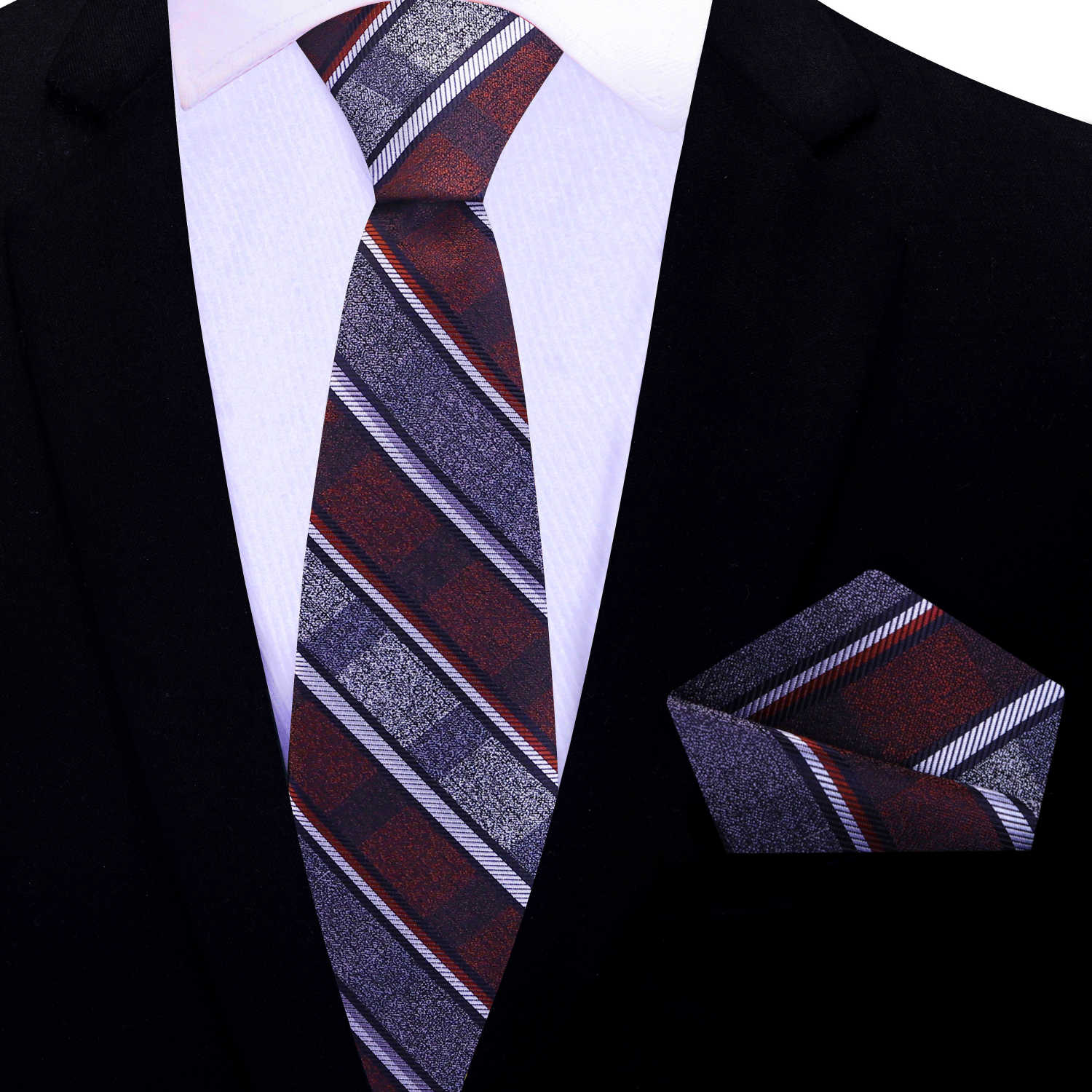 thin deep red and grey striped tie and pocket square
