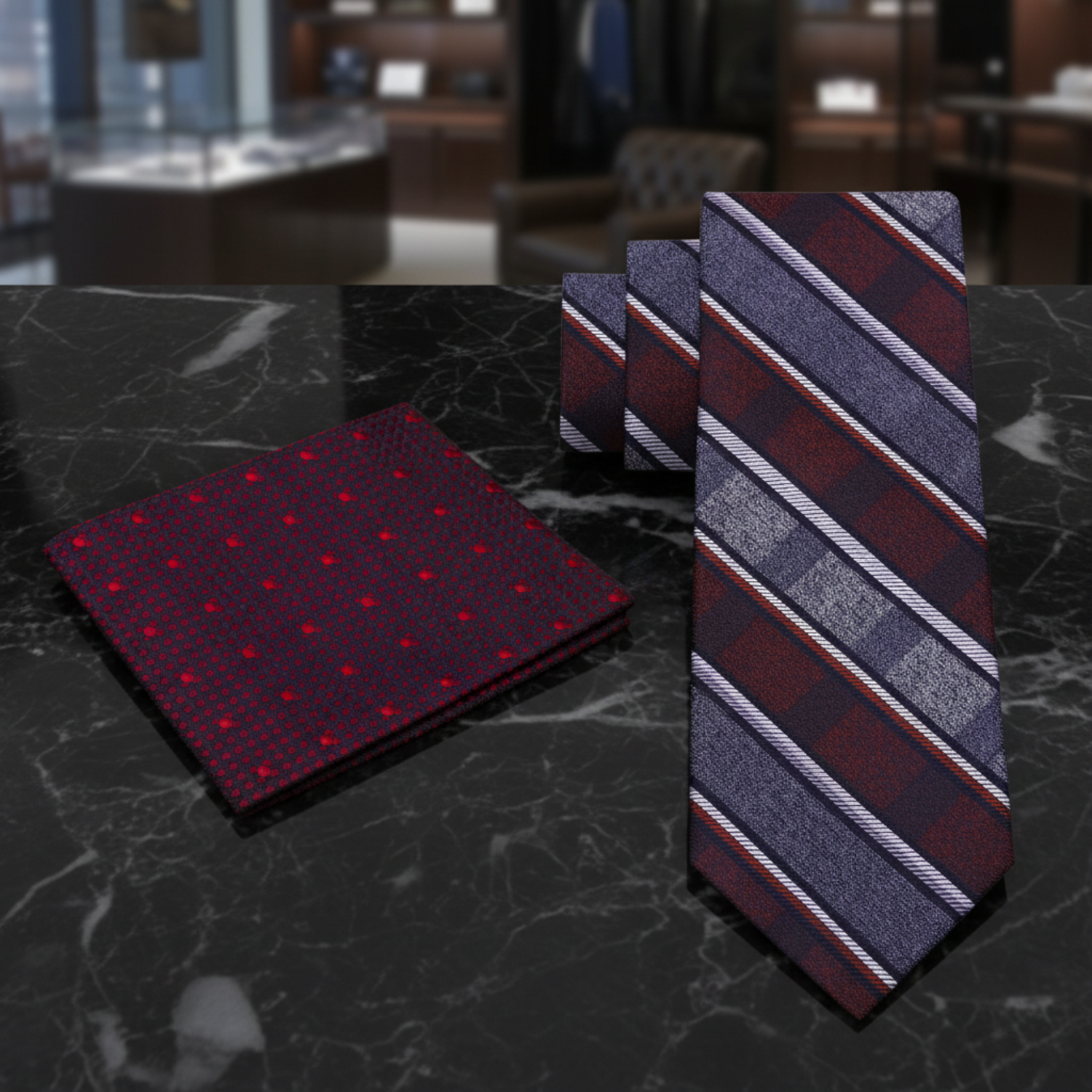Alt deep red and grey striped tie and Accenting red dot pocket square