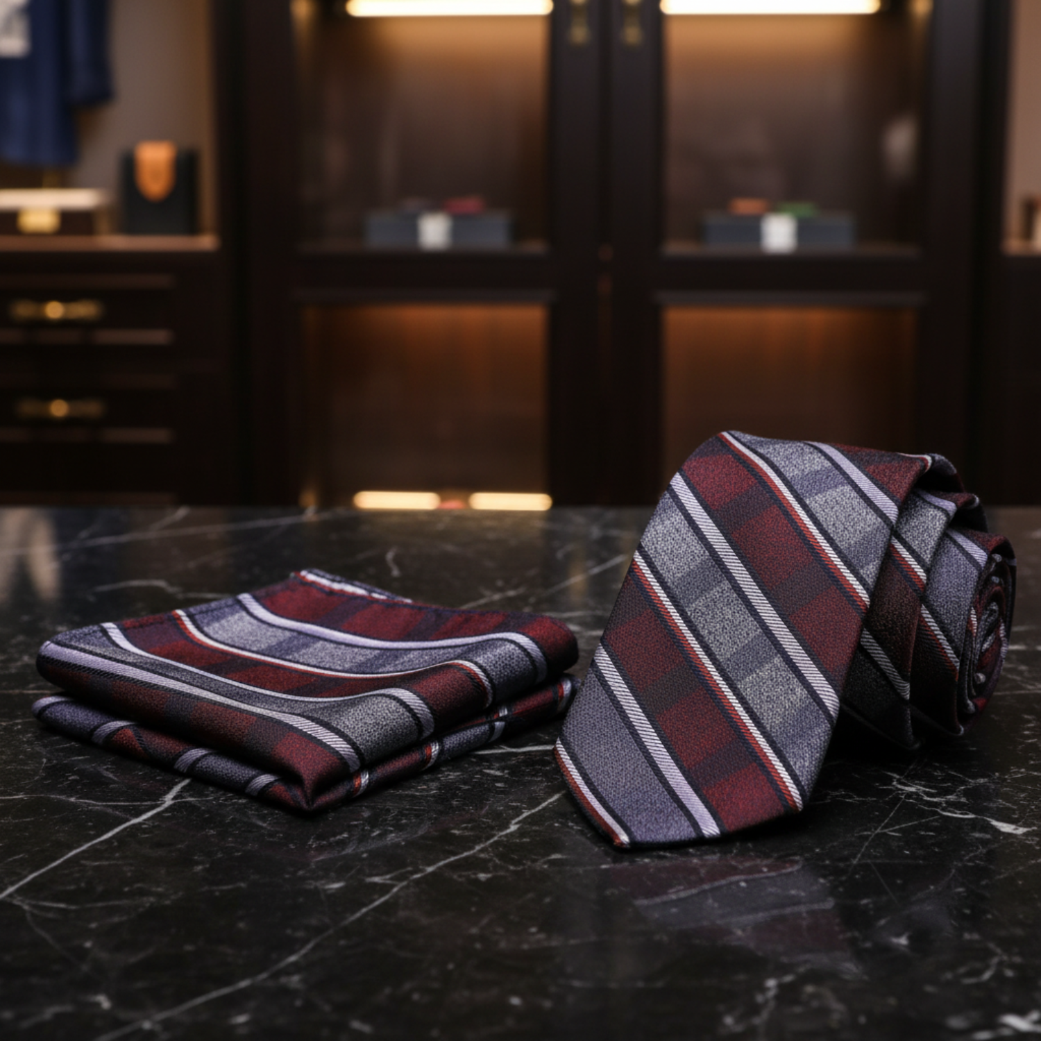 alt deep red and grey striped tie and pocket square