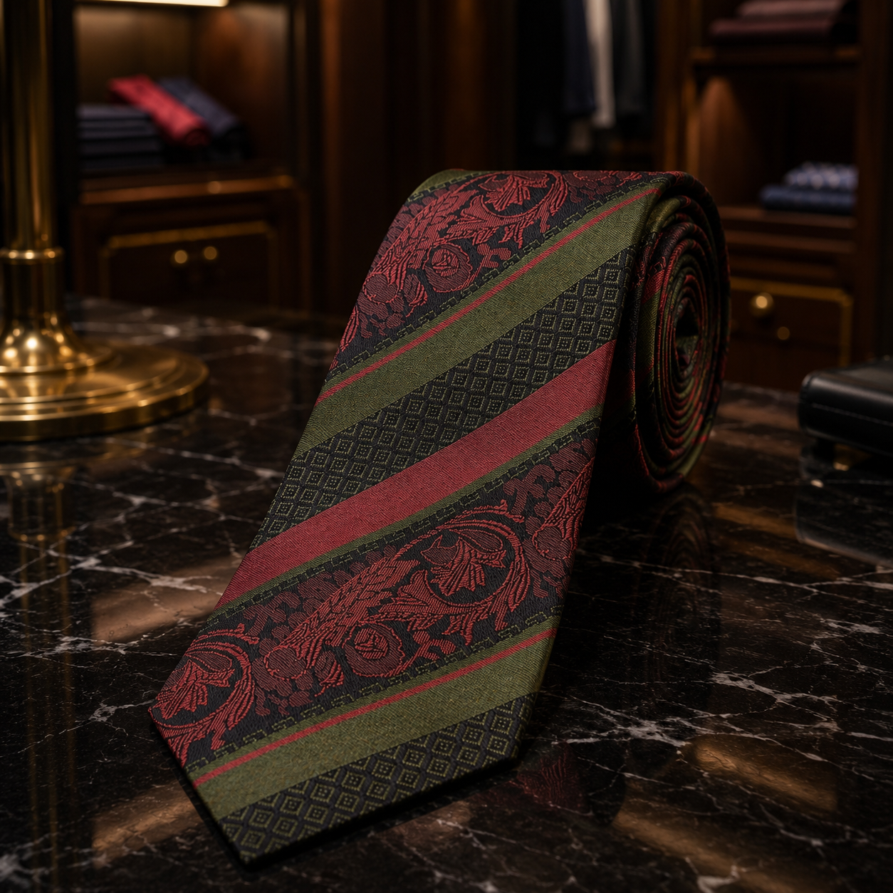 A rolled necktie with a green, red, and black ornate pattern, displayed on a polished black marble surface in a luxury interior setting.