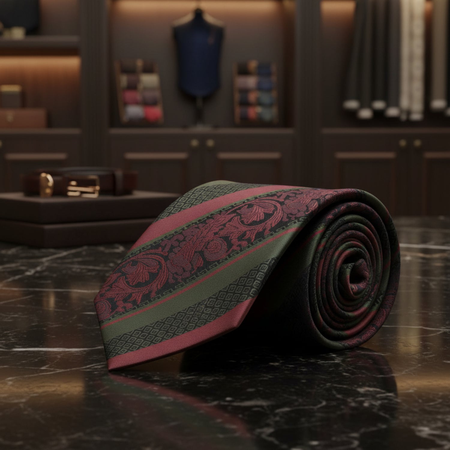 A rolled necktie featuring a patterned design with dark green, burgundy red, and black stripes, including a central damask-style floral motif and geometric borders.