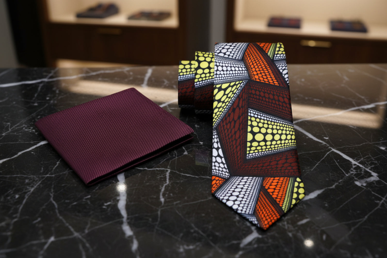 Alt View: Deep Red Orange White and Yellow Abstract Necktie and Deep Red Square