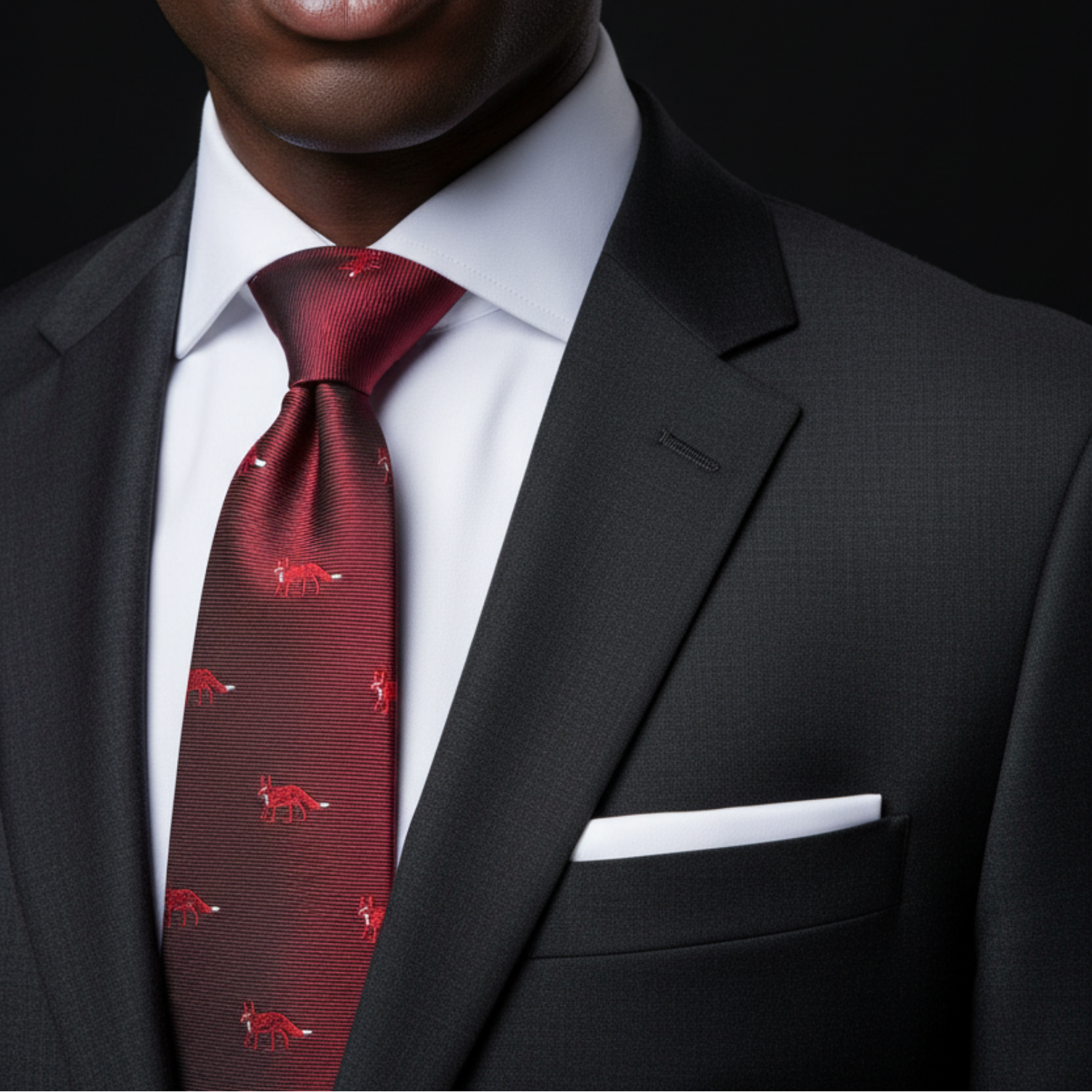 Man wearing red fox tie and white square