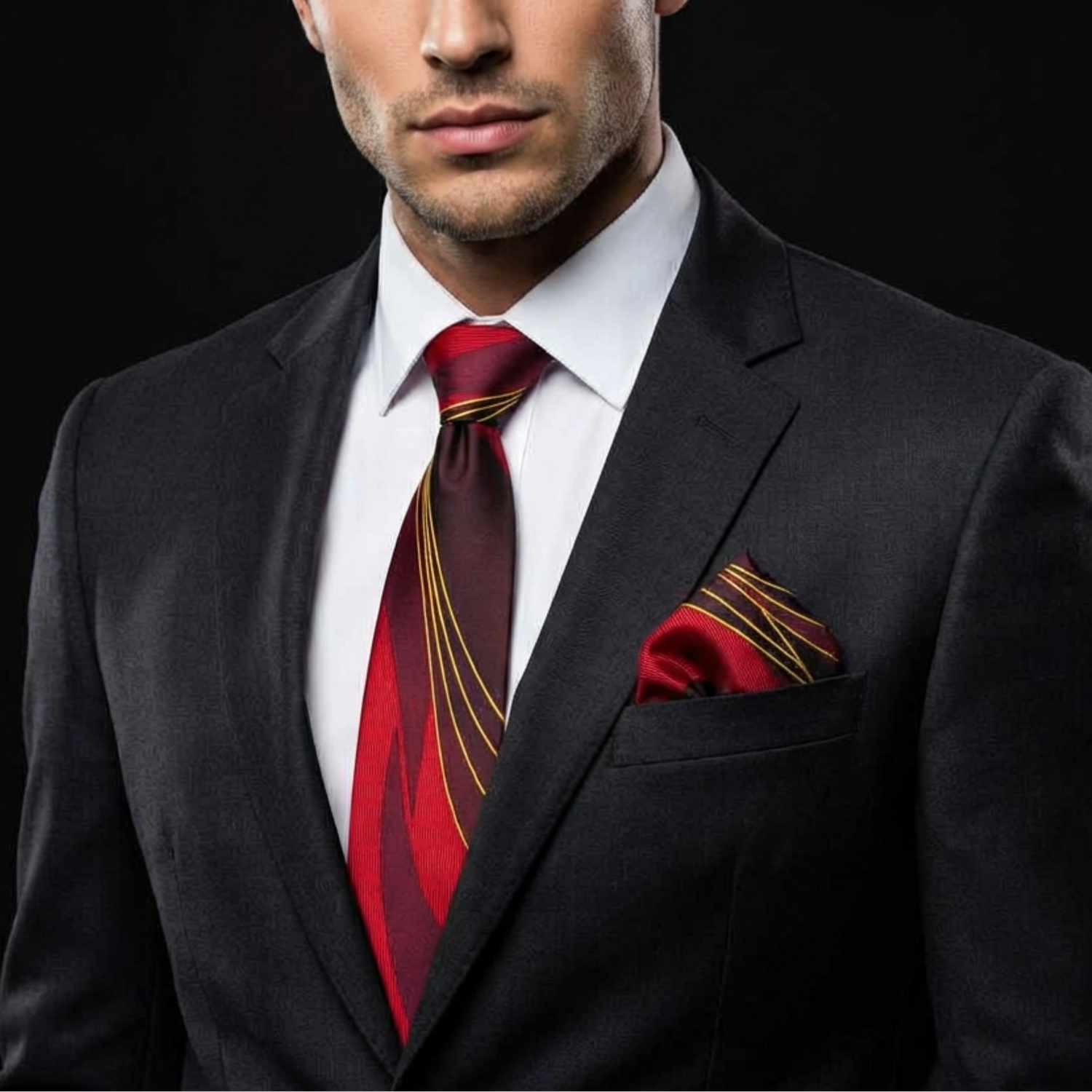 Man wearing a black suit with a red tie and pocket square on a black background