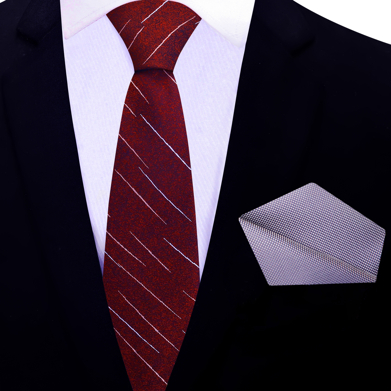 Red striped tie and gray pocket square on a black suit jacket