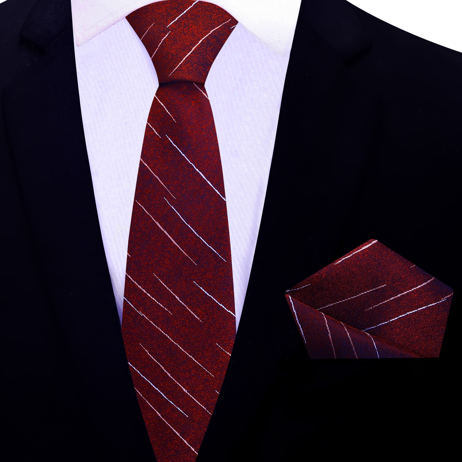 Maroon striped tie and matching pocket square on a suit.