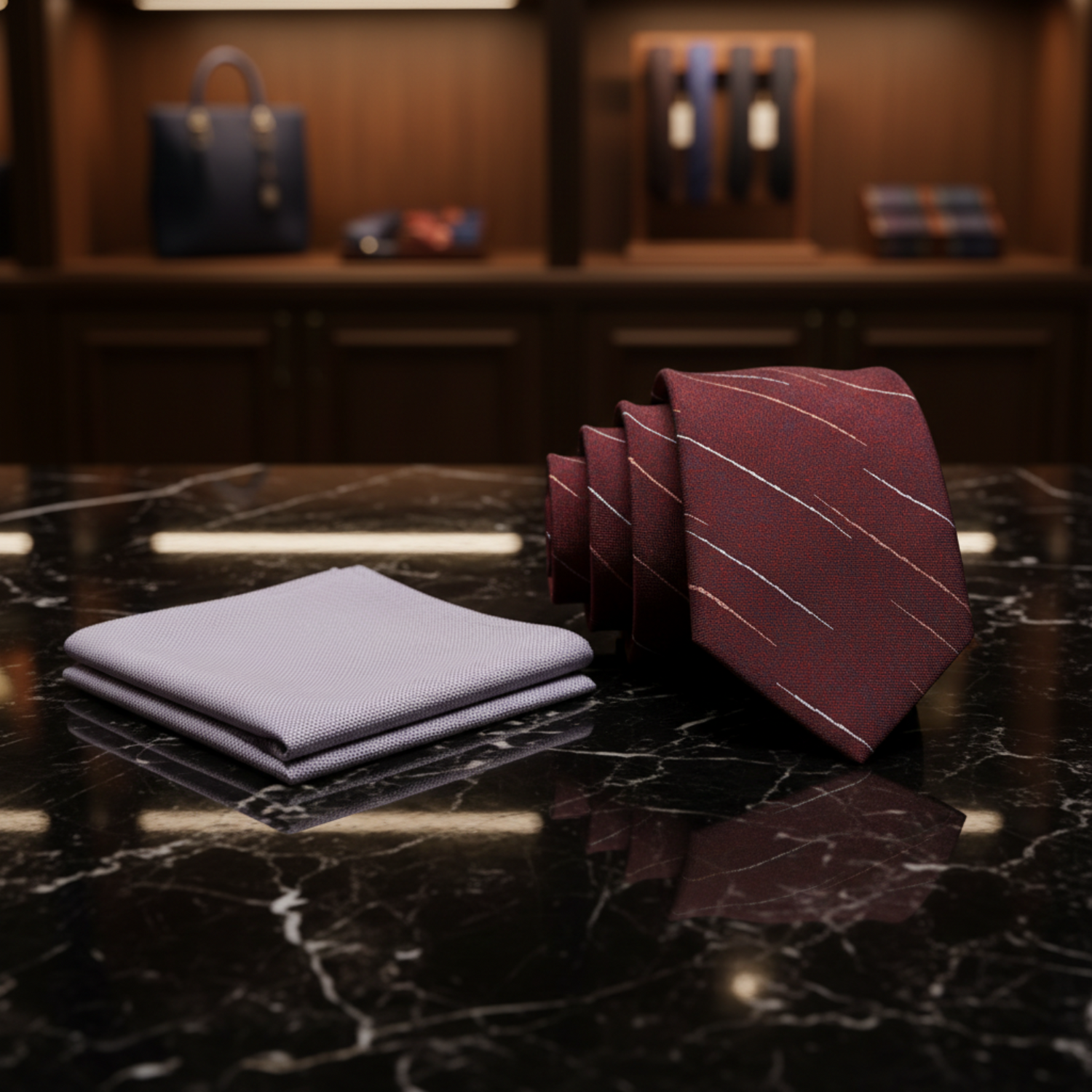 Set of striped tie and grey pocket square 