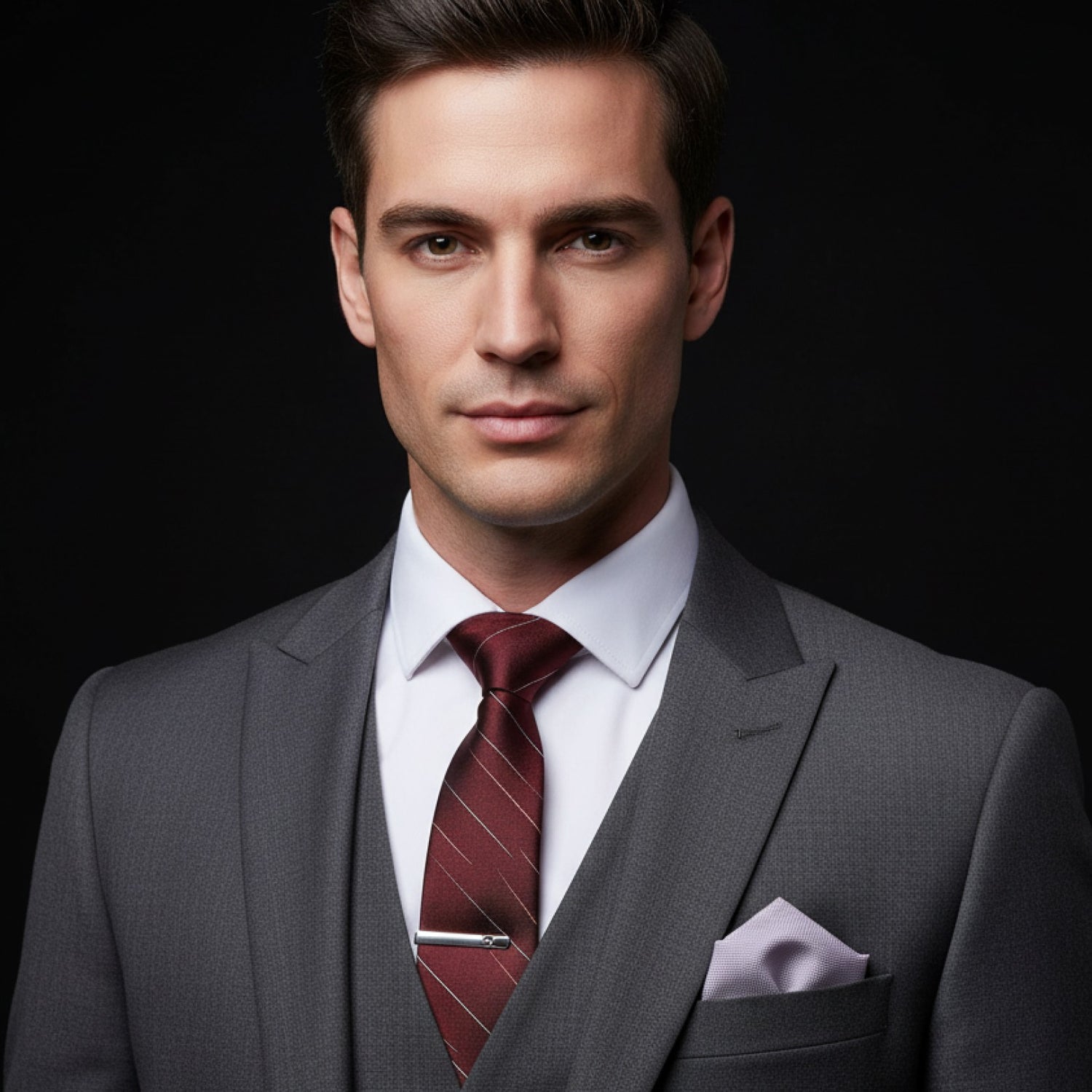 Man wearing a gray suit with a red tie against a black background