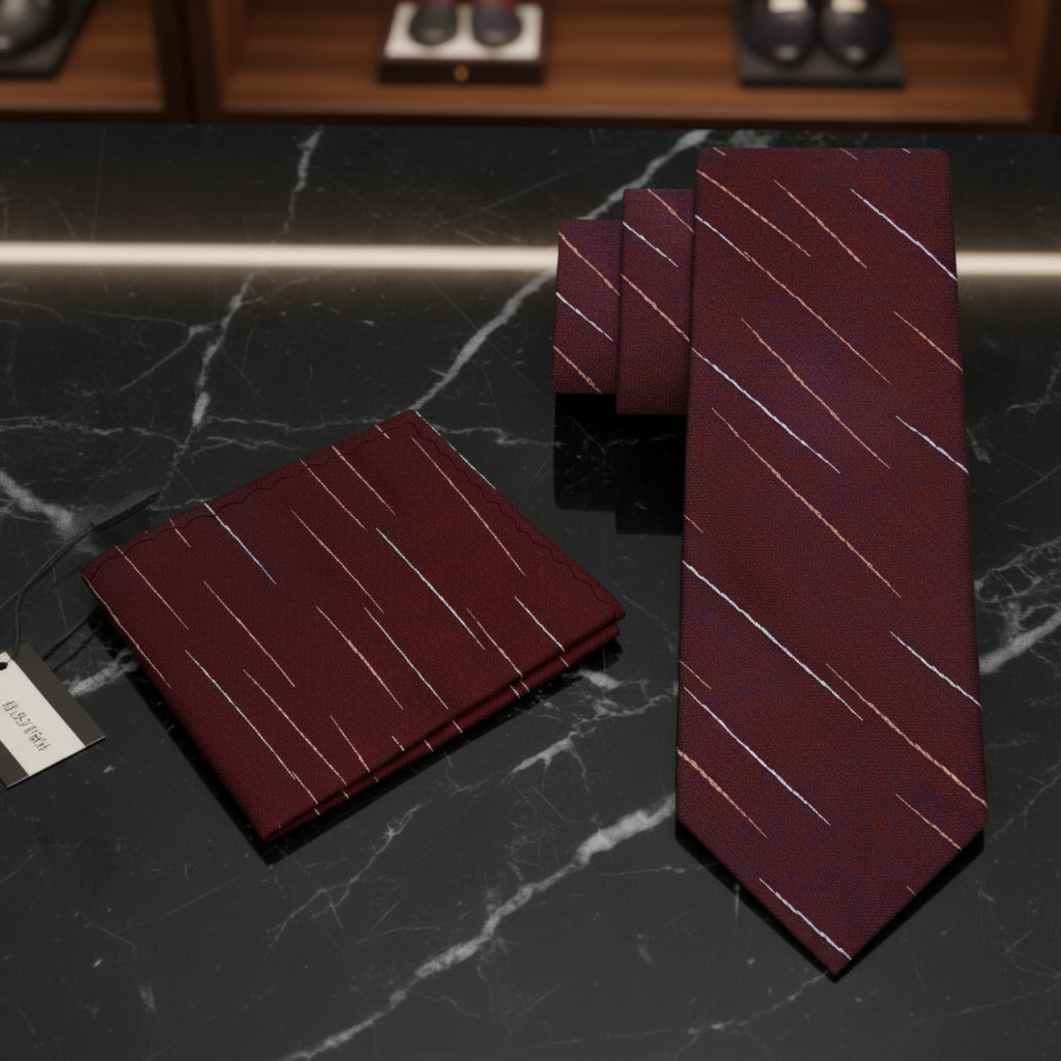 Maroon striped tie and pocket square 