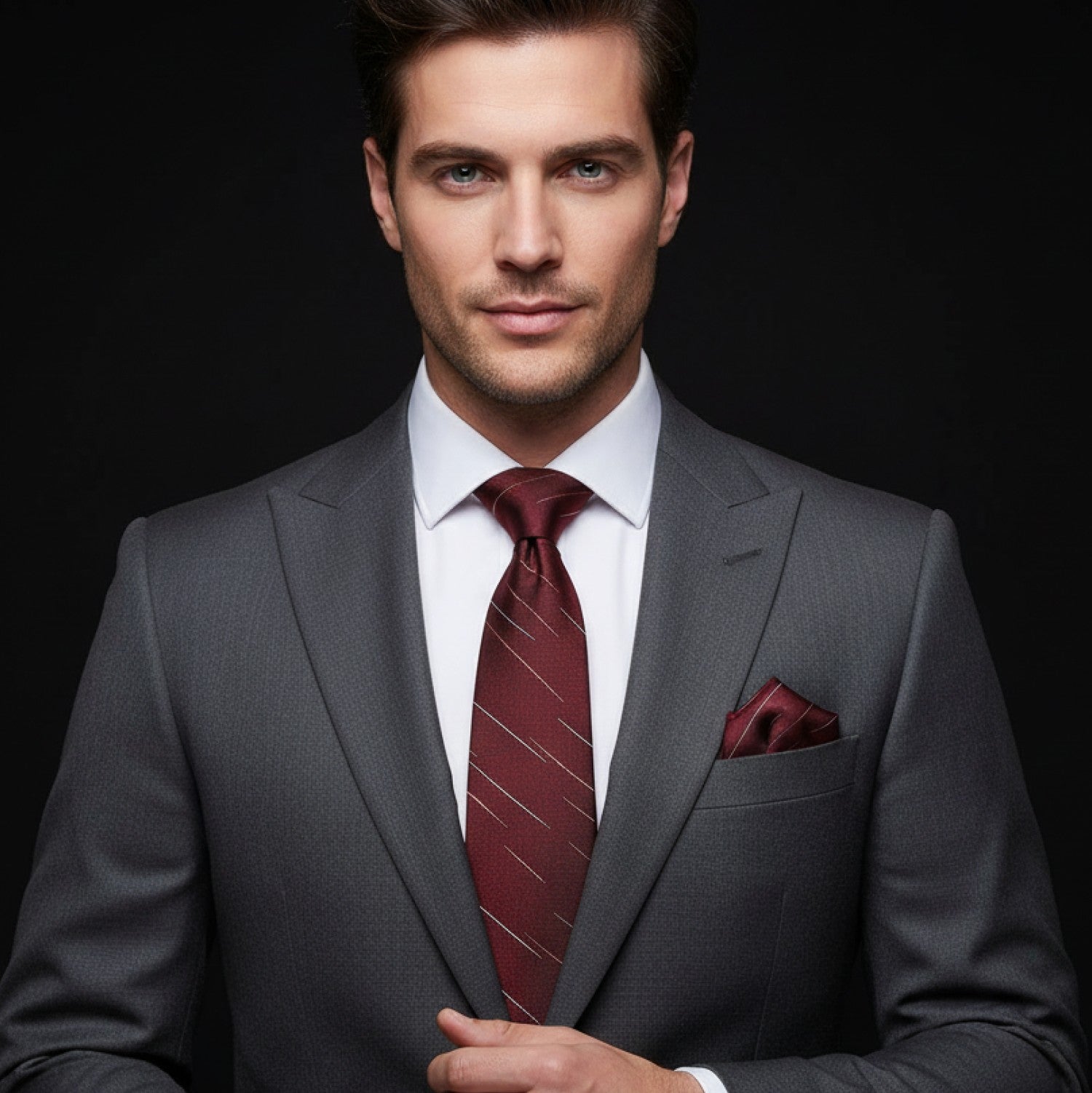 Man wearing a gray suit with a red tie and pocket square on a black background