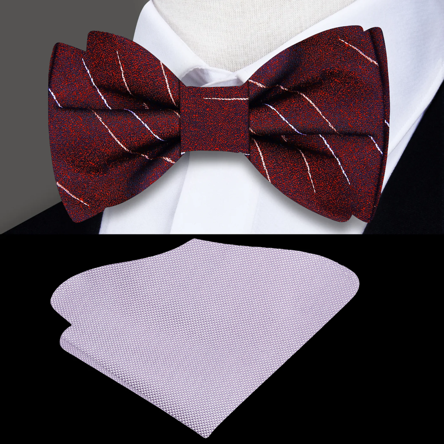 Burgundy striped bow tie and grey pocket square on a mannequin with a white shirt.