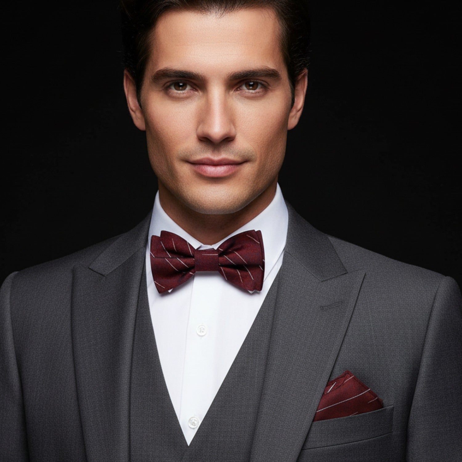 Man wearing a gray suit with a red bow tie and pocket square on a black background