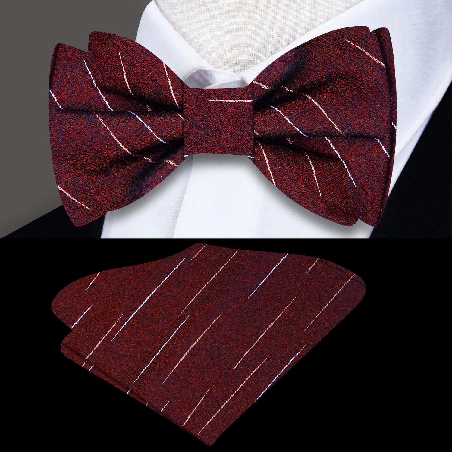 Burgundy striped bow tie and pocket square set on a mannequin with a white shirt.